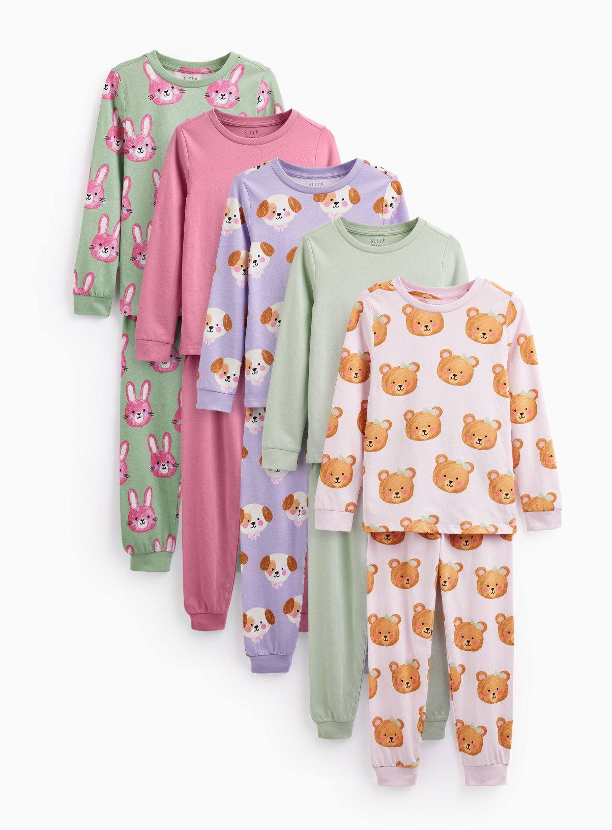 Multi-Coloured Animal Print Pyjama Sets 5-Pack 3-4 years - Image 1 thumbnail